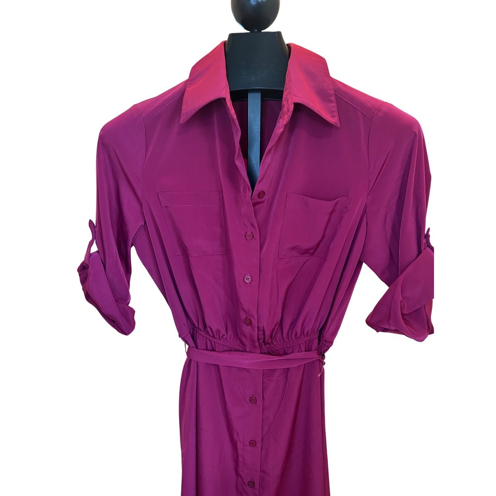 AB Studio Women Magenta Pink Button Front Roll Tab Sleeve Belted Dress 6 NEW - Picture 2 of 7